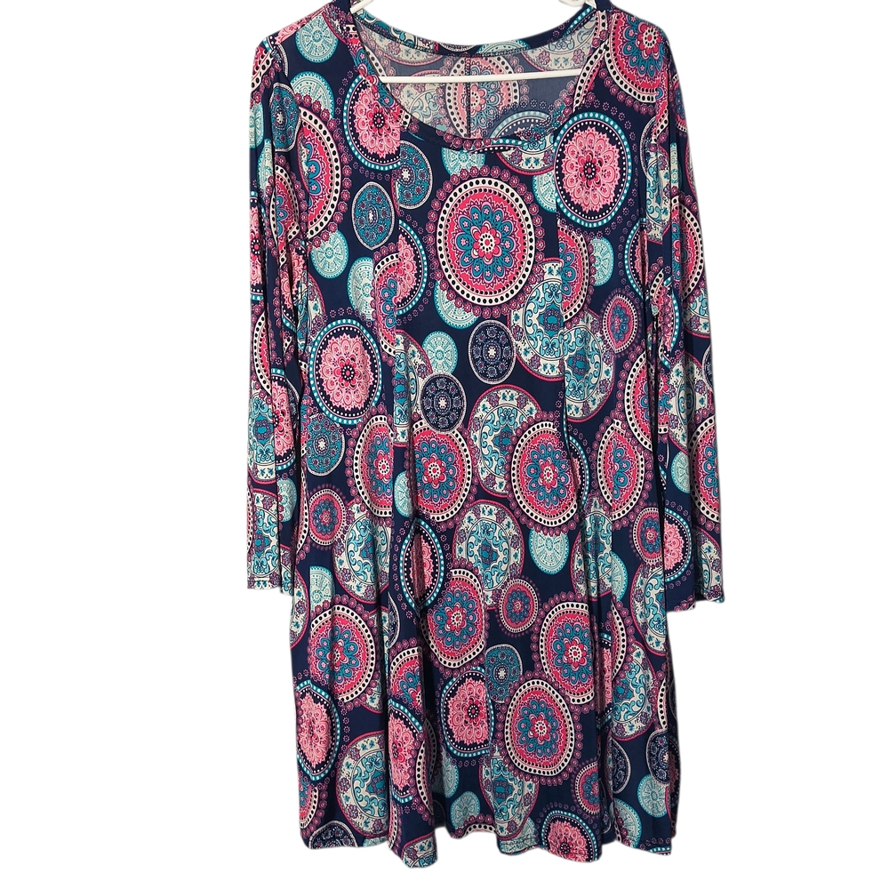 Simply Southern XL Vibrant Circle Pattern Pocketed A-Line Boho Whimsical Dress